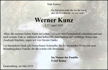 Todesanzeige von Werner Kunz von Trauer.de
