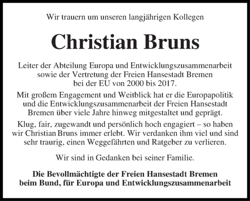  Traueranzeige für Christian Bruns vom 27.05.2019 aus 