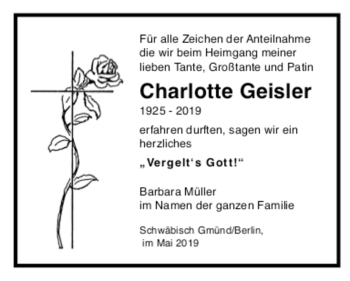 Todesanzeige von Charlotte Geisler von trauer.de