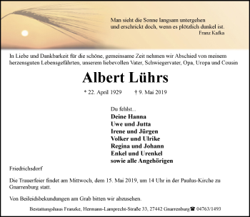 Todesanzeige von Albert Lührs von trauer.de