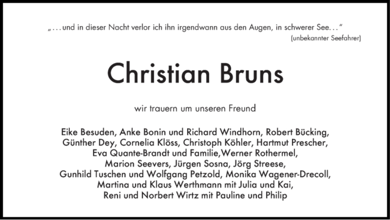  Traueranzeige für Christian Bruns vom 27.05.2019 aus 