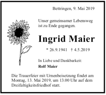 Todesanzeige von Ingrid Maier von trauer.de