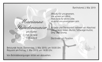Todesanzeige von Marianne Staudenmaier von trauer.de