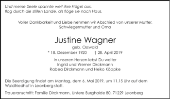 Todesanzeige von Justine Wagner von trauer.de