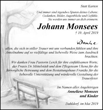 Todesanzeige von Johann Monsees von Trauer.de