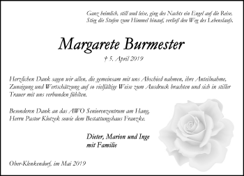 Todesanzeige von Margarete Burmester von Trauer.de