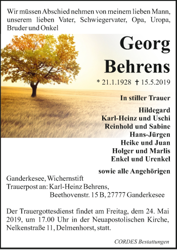 Todesanzeige von Georg Behrens von Trauer.de