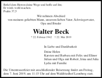 Todesanzeige von Walter Beck von trauer.de