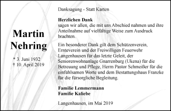 Todesanzeige von Martin Nehring von Trauer.de