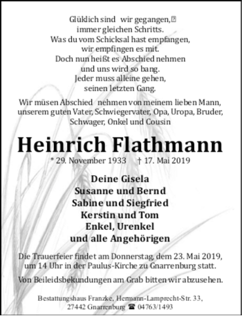 Todesanzeige von Heinrich Flathmann von trauer.de