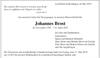 Todesanzeige von Johannes Brost von trauer.de