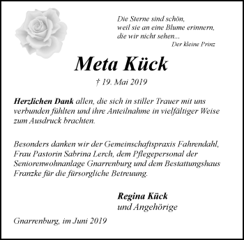 Todesanzeige von Meta Kück von trauer.de