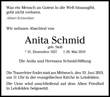 Todesanzeige von Anita Schmid von trauer.de
