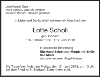 Todesanzeige von Lotte Scholl von trauer.de