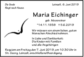 Todesanzeige von Maria Eichinger von Trauer.de