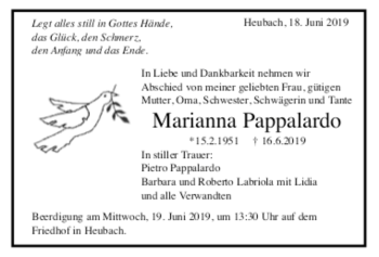 Todesanzeige von Marianna Pappalardo von trauer.de
