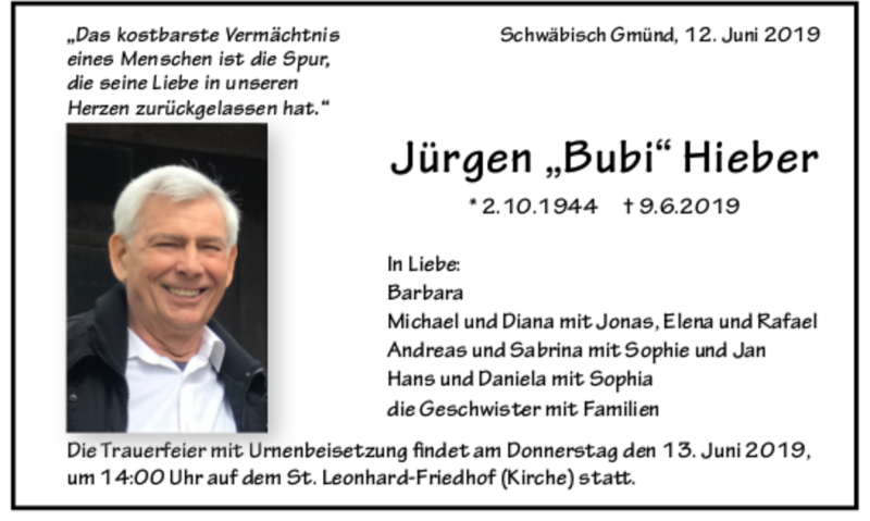  Traueranzeige für Jürgen Hieber vom 12.06.2019 aus trauer.de