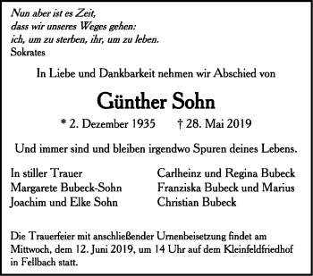 Todesanzeige von Günther Sohn von trauer.de