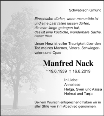 Todesanzeige von Manfred Nack von Trauer.de