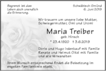 Todesanzeige von Maria Treiber von Trauer.de