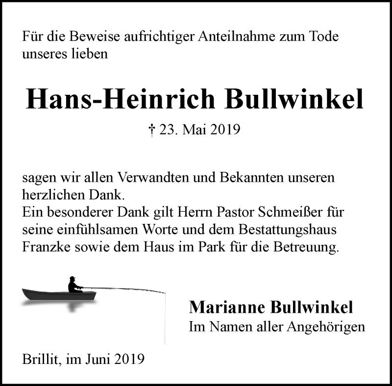  Traueranzeige für Hans-Heinrich Bullwinkel vom 07.06.2019 aus Trauer.de