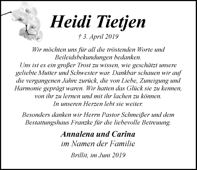  Traueranzeige für Heidi Tietjen vom 01.06.2019 aus Trauer.de