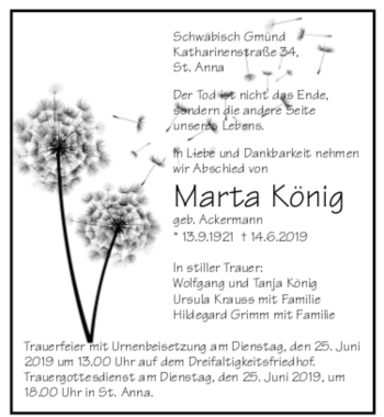 Todesanzeige von Marta König von trauer.de