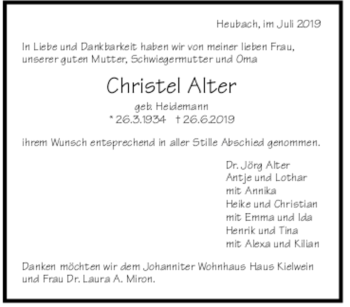 Todesanzeige von Christel Alter von trauer.de