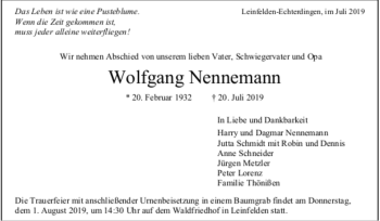 Todesanzeige von Wolfgang Nennemann von trauer.de