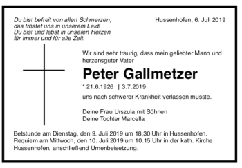 Todesanzeige von Peter Gallmetzer von trauer.de