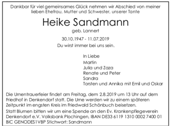 Todesanzeige von Heike Sandmann von trauer.de