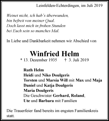 Todesanzeige von Winfried Helm von trauer.de