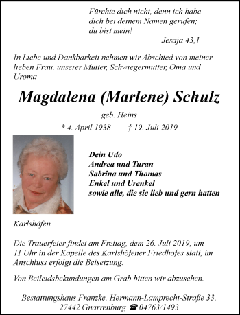 Todesanzeige von Magdalena Schulz von trauer.de