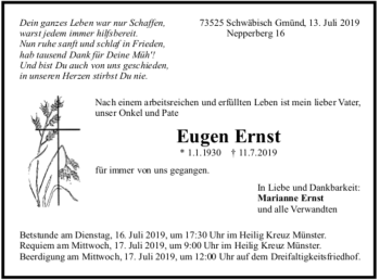 Todesanzeige von Eugen Ernst von Trauer.de