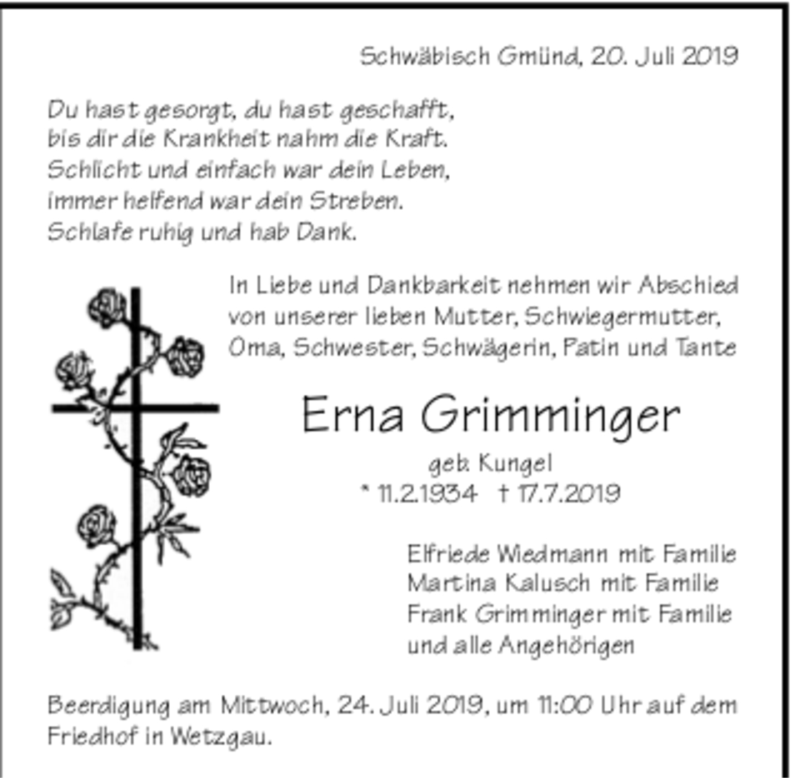  Traueranzeige für Erna Grimminger vom 20.07.2019 aus trauer.de