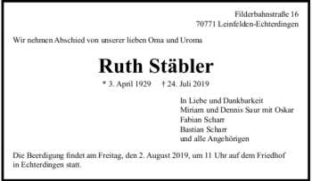 Todesanzeige von Ruth Stäbler von trauer.de
