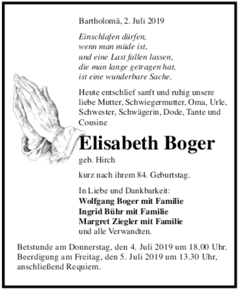  Traueranzeige für Elisabeth Boger vom 03.07.2019 aus trauer.de