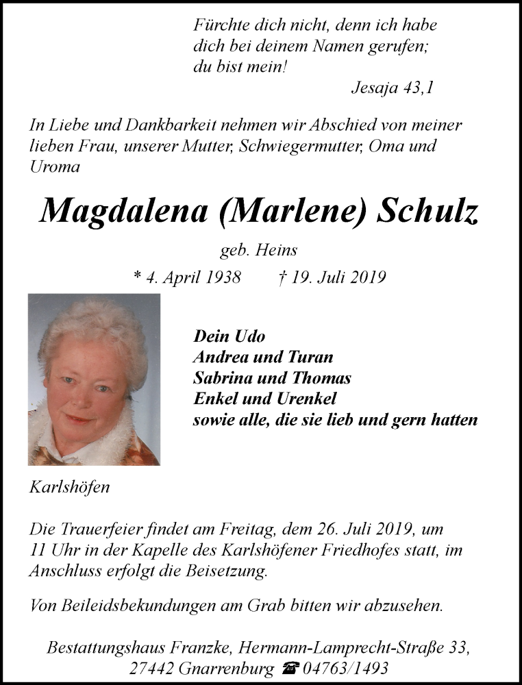  Traueranzeige für Magdalena Schulz vom 23.07.2019 aus trauer.de