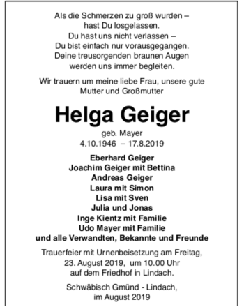 Todesanzeige von Helga Geiger von trauer.de