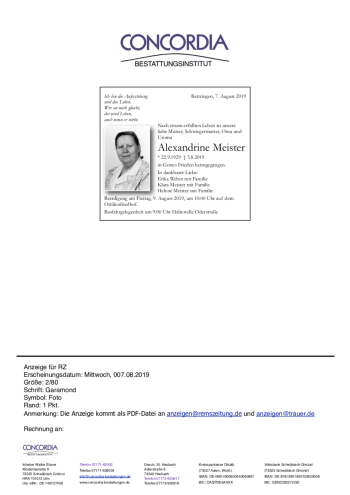 Todesanzeige von Alexandrine Meister von Trauer.de