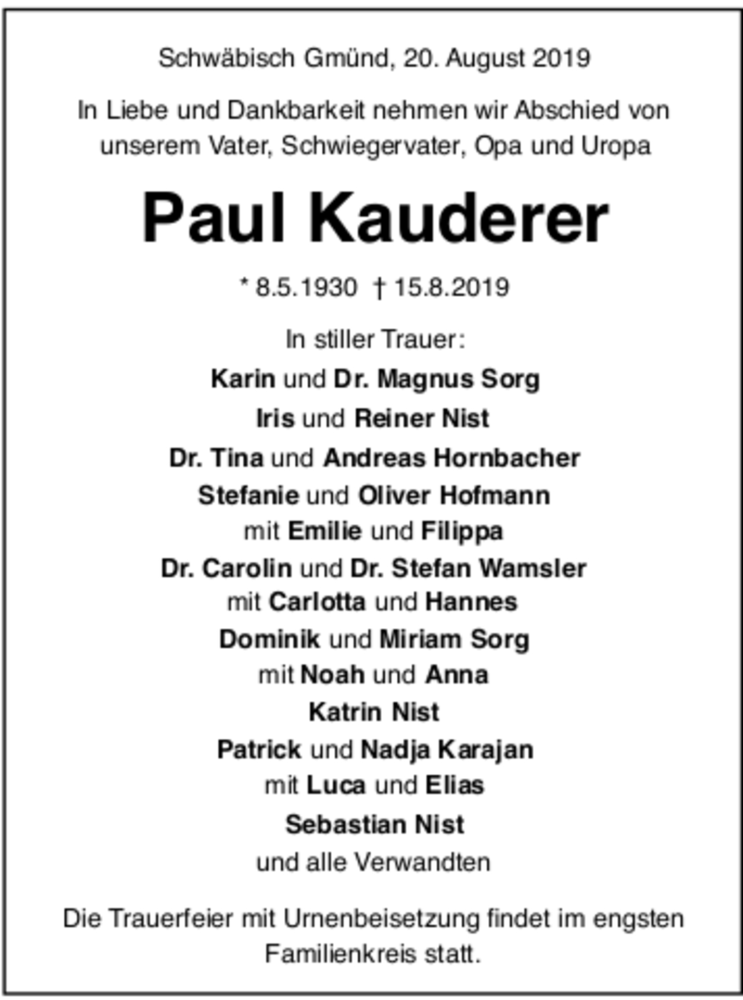  Traueranzeige für Paul Kauderer vom 20.08.2019 aus trauer.de
