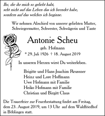 Todesanzeige von Antonie Scheu von trauer.de
