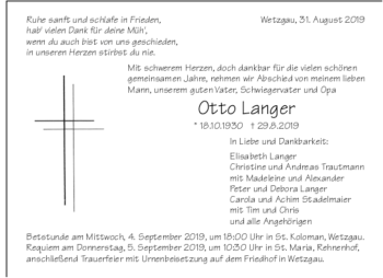 Todesanzeige von Otto Langner von Trauer.de