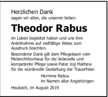Todesanzeige von Theodor Rabus von Trauer.de