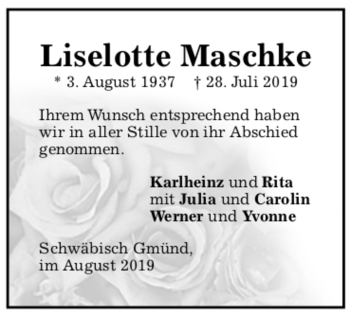 Todesanzeige von Liselotte Maschke von trauer.de