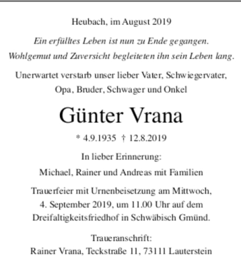 Todesanzeige von Günter Vrana von Trauer.de