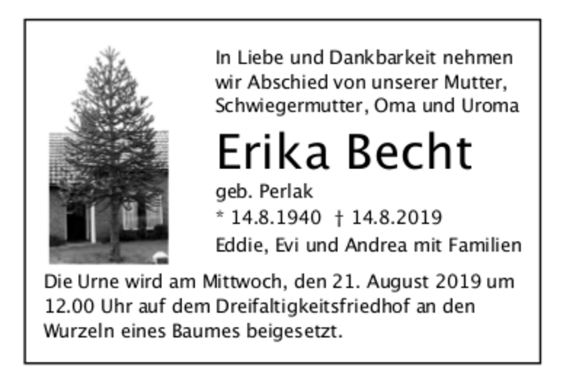  Traueranzeige für Erika Becht vom 19.08.2019 aus trauer.de