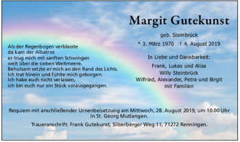 Todesanzeige von Margit Gutekunst von Trauer.de