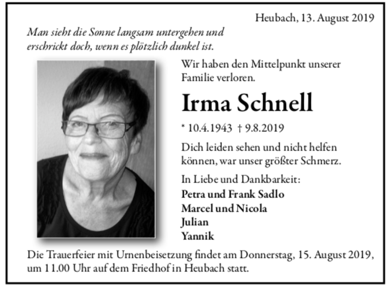 Traueranzeige für Irma Schnell vom 13.08.2019 aus trauer.de