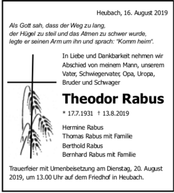 Todesanzeige von Theodor Rabus von trauer.de